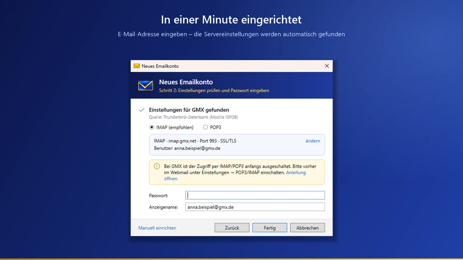 Mailkonto einrichten: automatisch gefundene IMAP- und POP3-Einstellungen für GMX im Assistenten von Advanced Mailcheck 4.