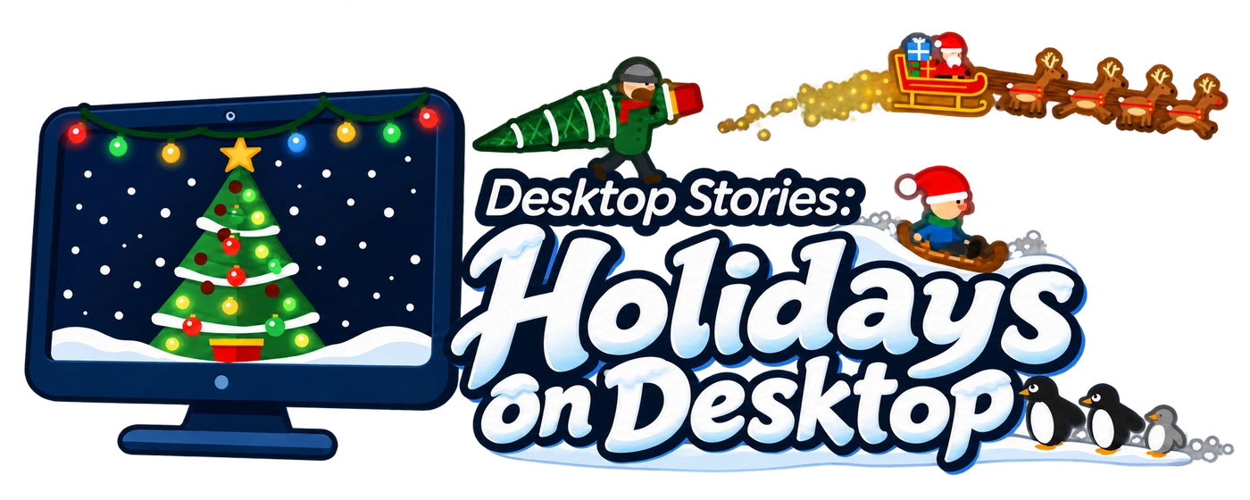 Logo von Desktop Stories: Holidays On Desktop mit Weihnachtsbaum, Rentierschlitten und Pinguinen.